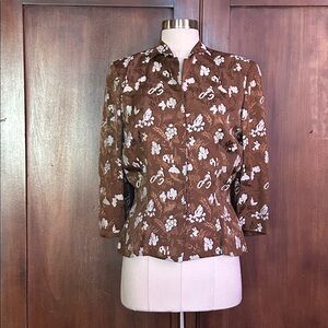 40s Brown/White Country Farmhouse Print Tailored Blouse/Jacket S/M